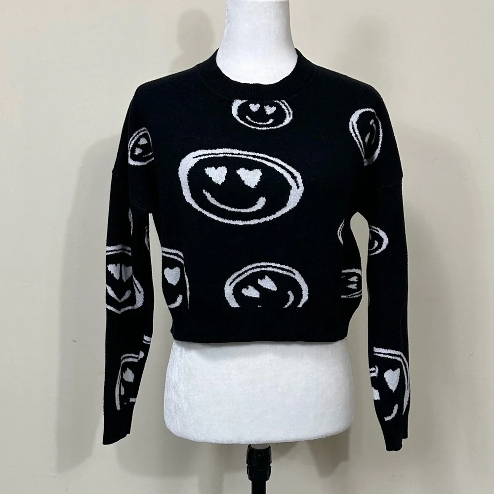 NEW dreamers by debut Viscose Black White Dolman Sleeves Smileys Pullover Top L - Picture 16 of 16